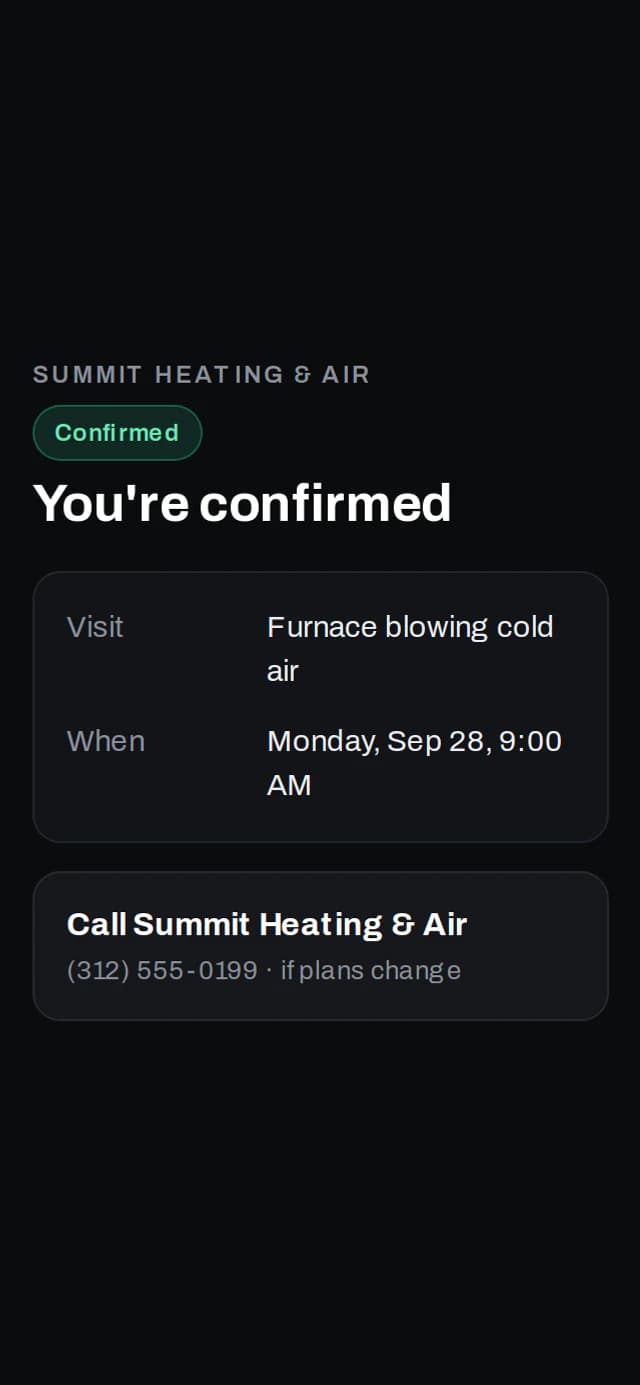 Customer confirmation page on a phone