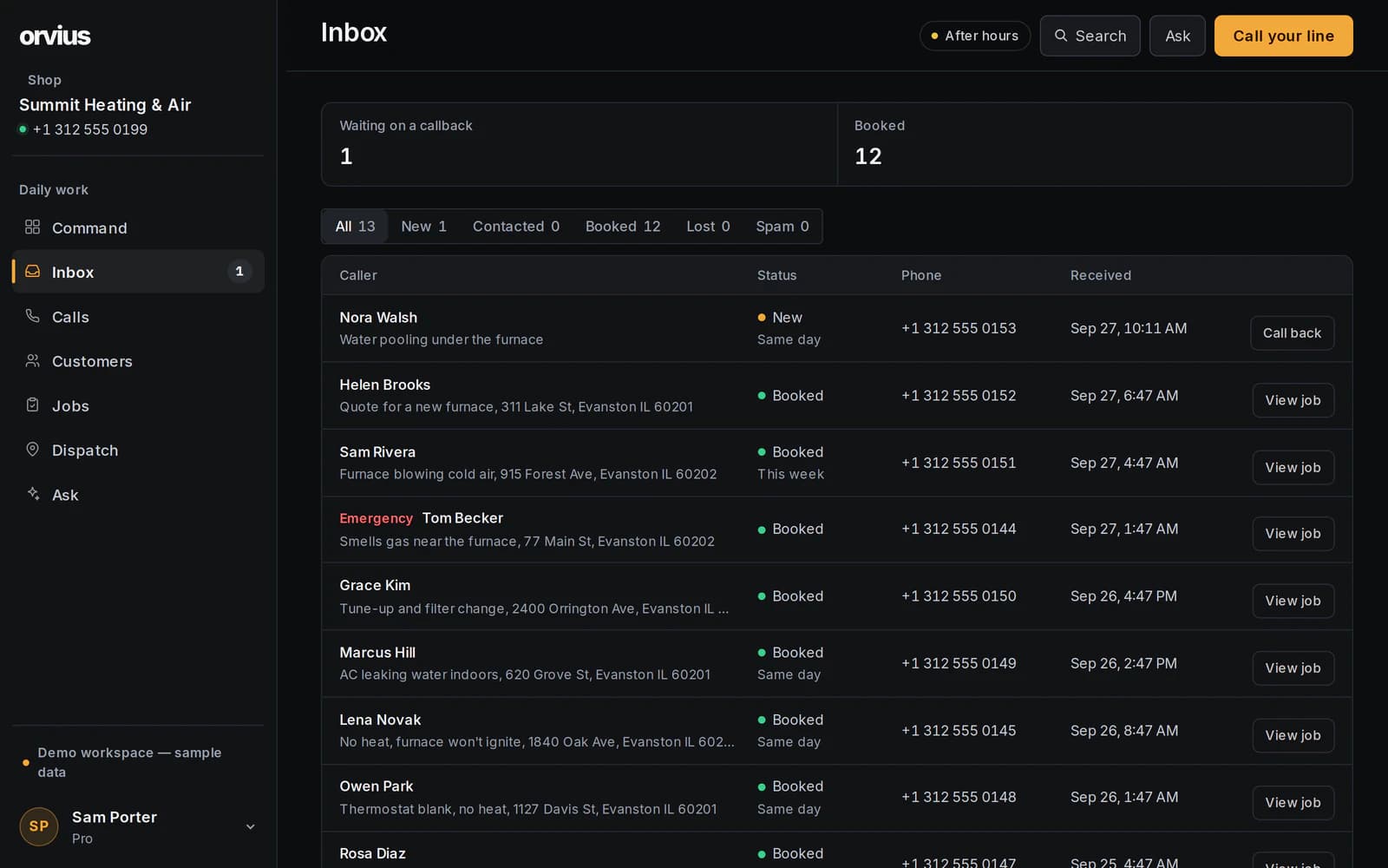 Orvius Inbox screen